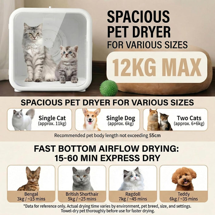 53L Pet Dryer Box for Cats & Small Dogs with Quiet Airflow & Petting Window