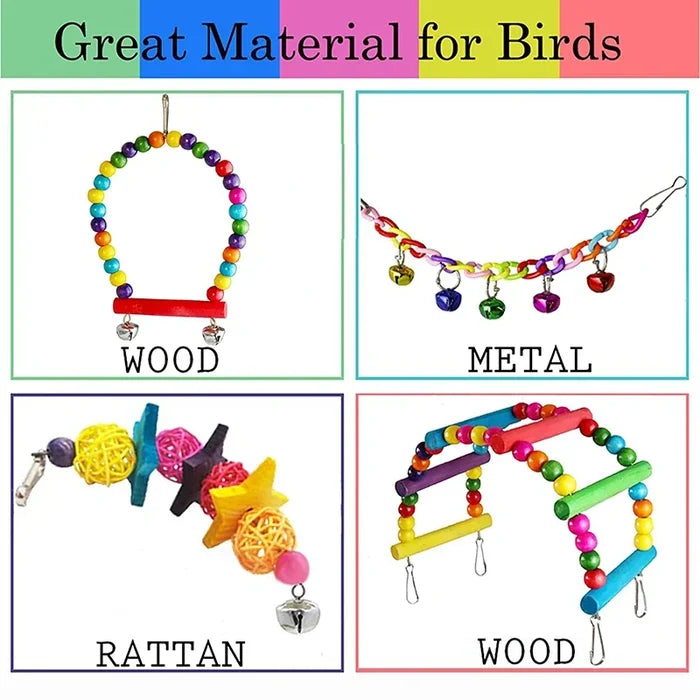 7PCS Wooden Parrot Toy Set for Bird Cage Play and Enrichment