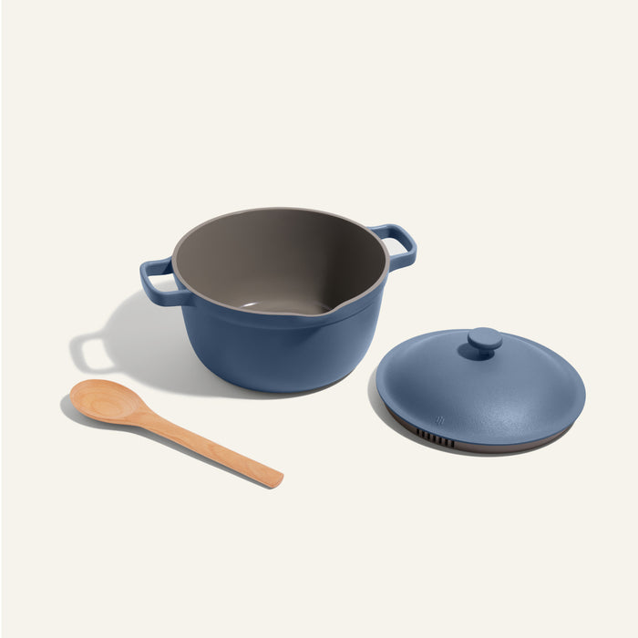 Blue perfect pot non toxic nonstick dutch oven with notched Beechwood Spoon