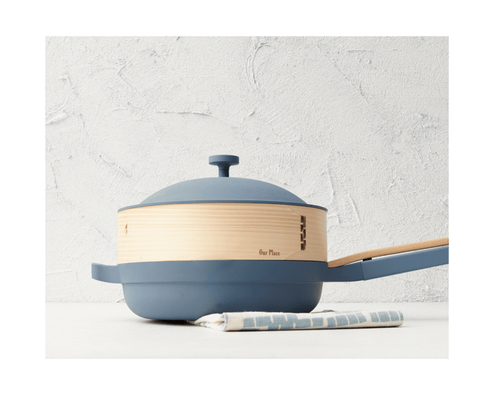 Spruce Steamer Basket on top of Always Pan ceramic nonstick frying pan