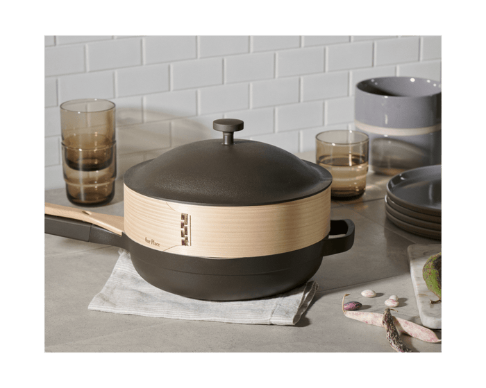 Spruce Steamer Basket on top of Always Pan ceramic nonstick frying pan